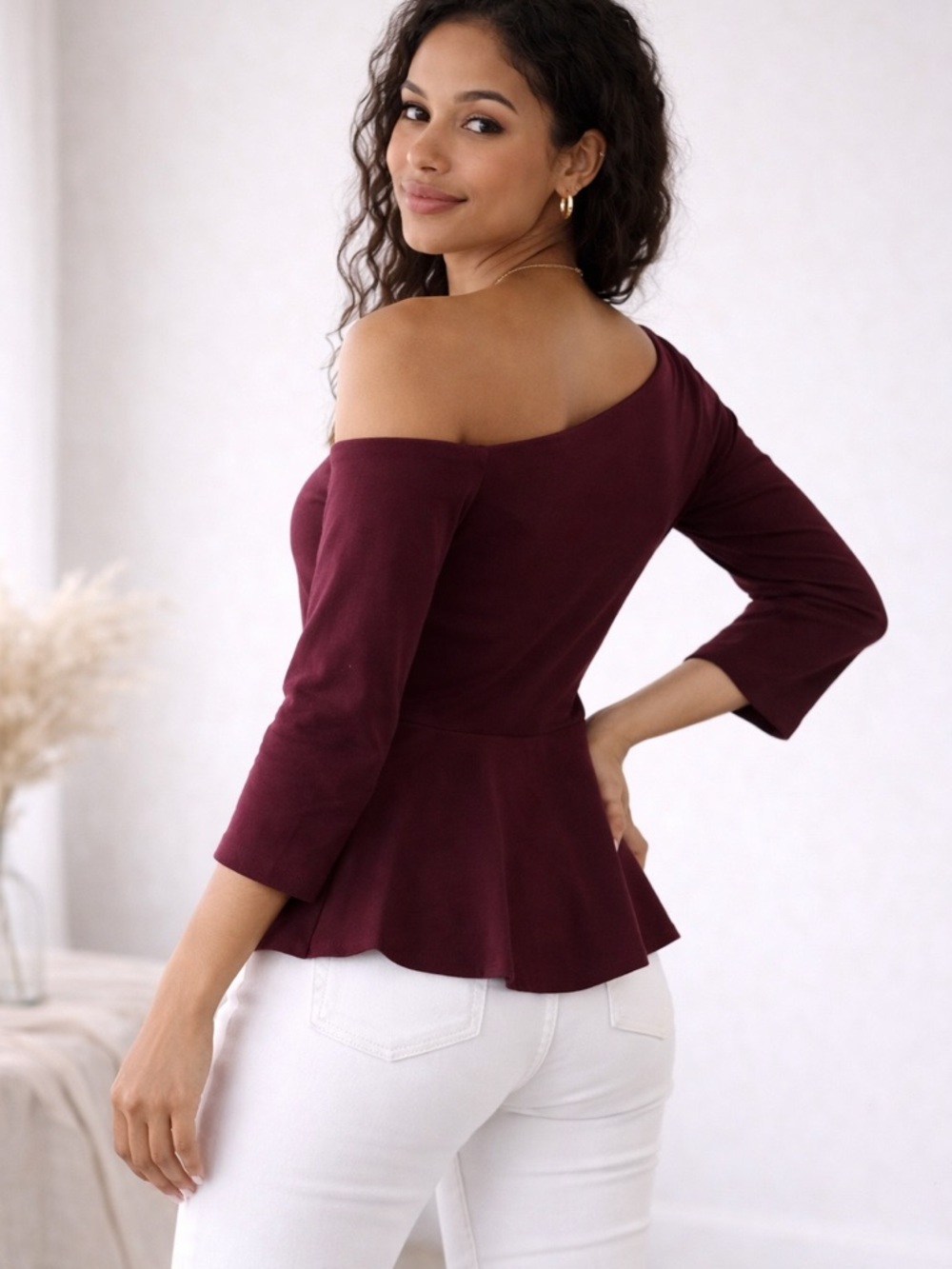 Lemon Tree Boutique Off Shoulder Peplum Top | Burgundy | Size S